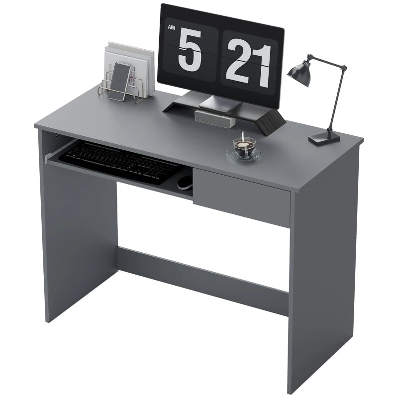 100cm Compact Computer Desk with Keyboard Tray & Drawer - Stylish Grey Home Office Desk for Bedroom Study