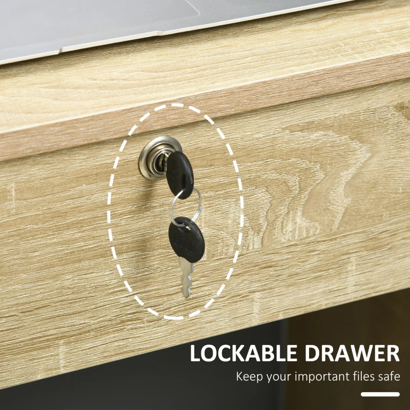 Stylish Oak Computer Desk with Lockable Drawer & Storage Shelf - Home Office & Study Furniture, 110x50x76 cm