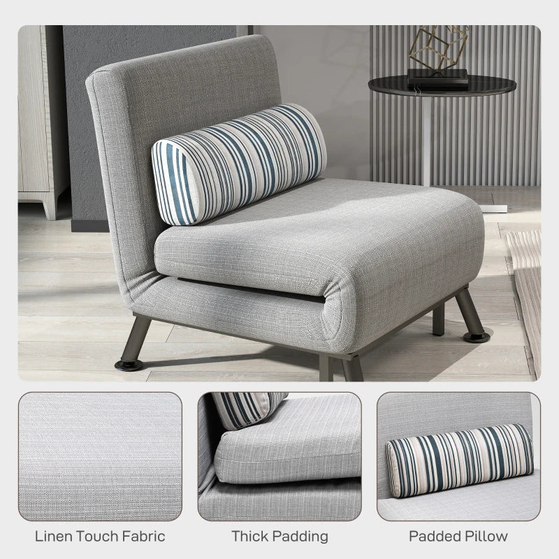 Single Sofa Bed for One Person - Foldable Lounge Chair with Pillow in Grey