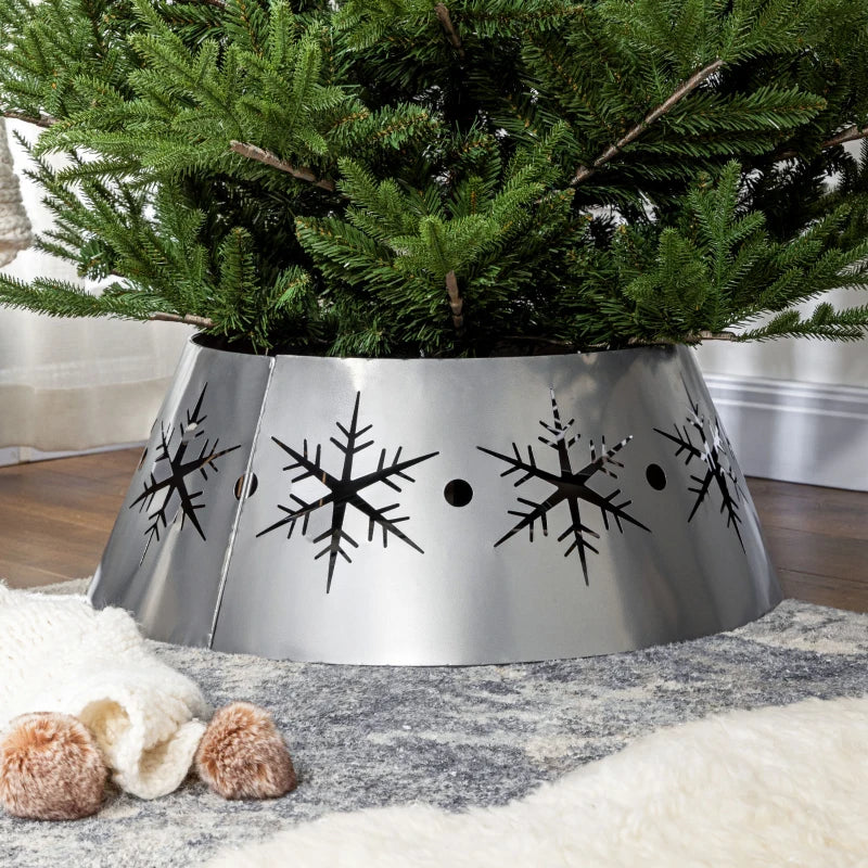 Silver Christmas Tree Collar - 66cm Base Cover with Hollow Snowflake Patterns for Holiday Party Home Decoration