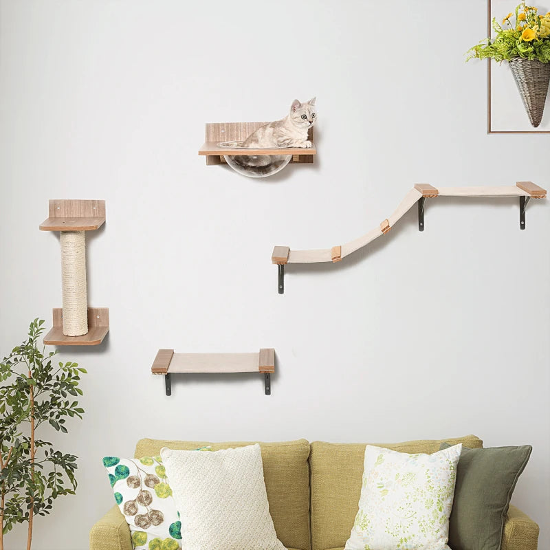 4PC Wall-Mounted Cat Climbing Shelf Set - Cat Tree Activity Center with Hammock & Scratching Post - Brown