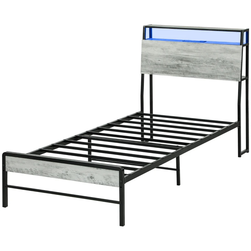 Modern Grey Single Steel Bed Frame with LED Lights & Headboard Shelf - Stylish & Functional Bedroom Furniture