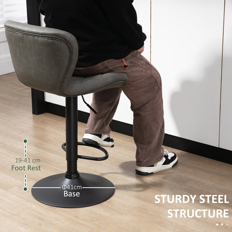 Set of 2 Dark Grey Swivel Bar Stools with Backrest & Footrest - Steel Frame, Diamond Pattern PU for Kitchen & Dining