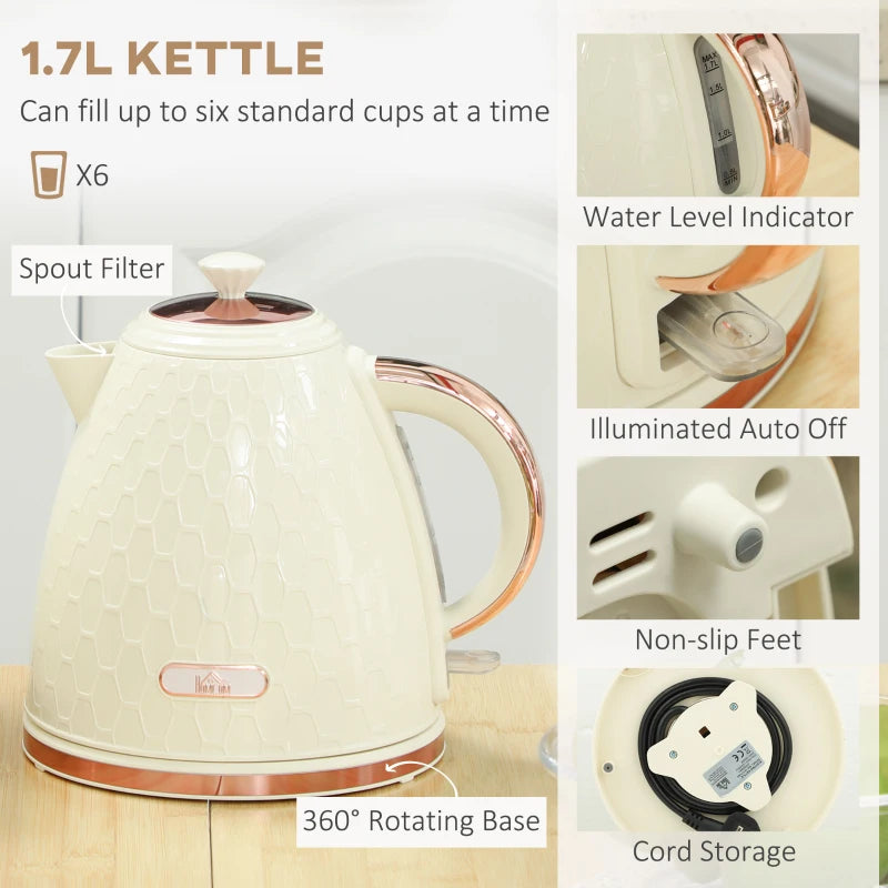 1.7L 3000W Fast Boil Kettle & 2 Slice Toaster Set - Beige, Auto Shut Off, Browning Controls, Kitchen Essentials