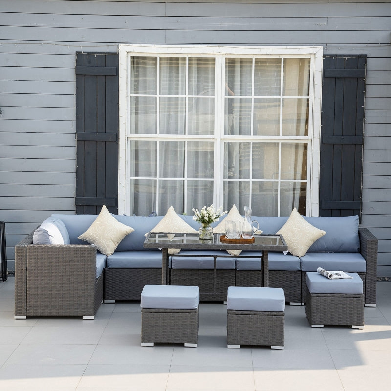 9-Seater Rattan Corner Sofa Set - 10 Pieces With Grey Frame and Dusty Blue Cushions