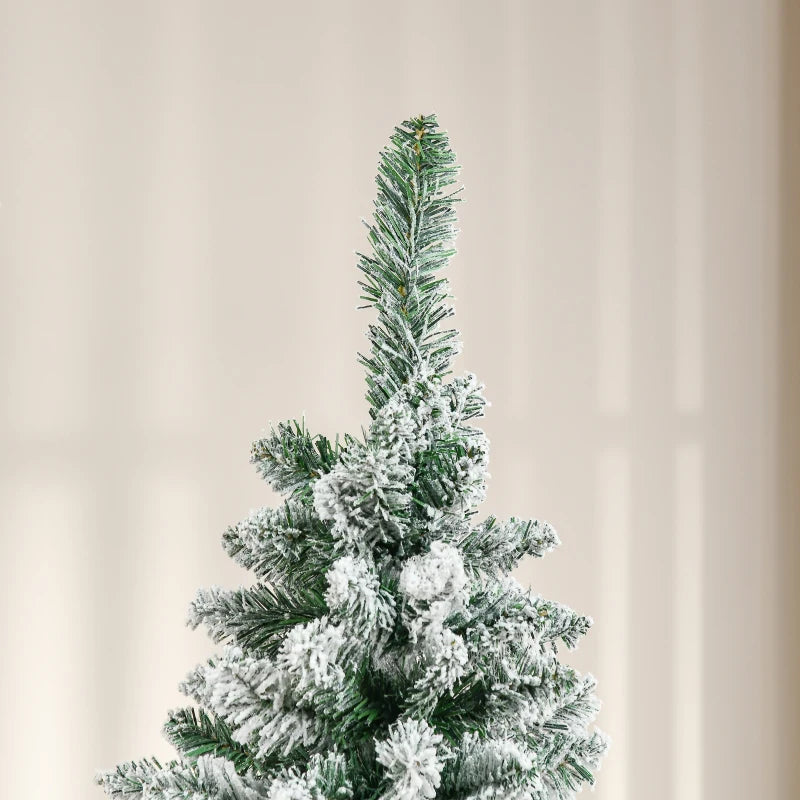 6 Ft Snow Flocked Artificial Christmas Tree - Realistic Pencil Tree with Auto Open & Pinewood Base - Green Xmas Decor