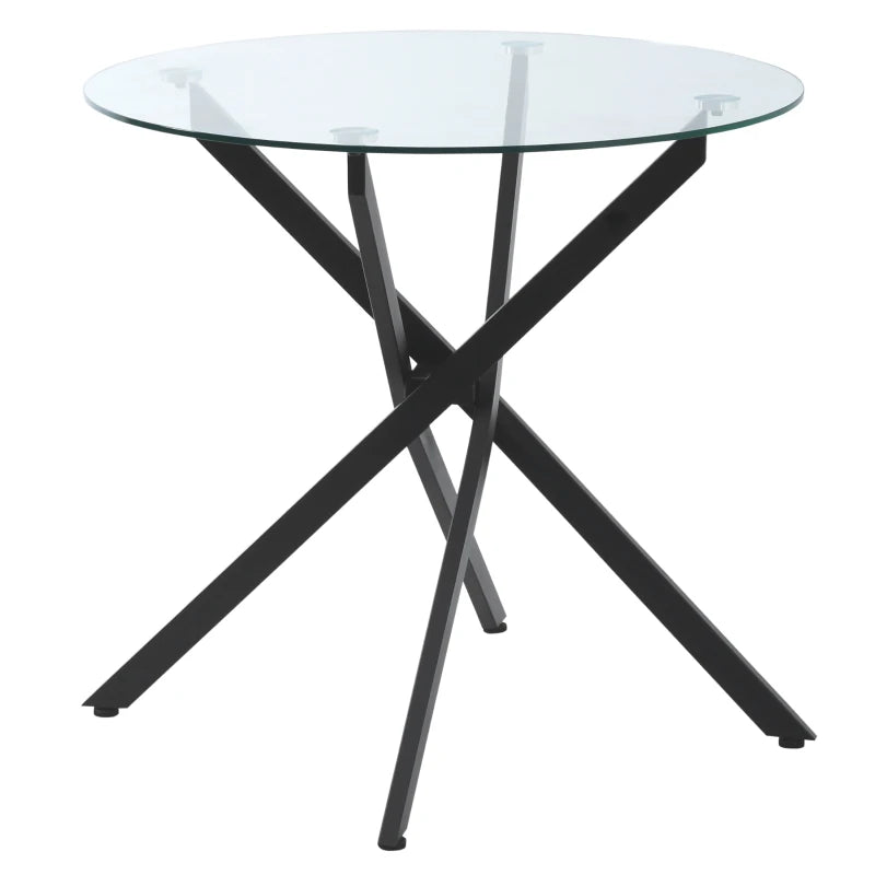 Modern Round Dining Table with Clear Tempered Glass Top & Metal Legs - Stylish Kitchen & Living Room Furniture, Black
