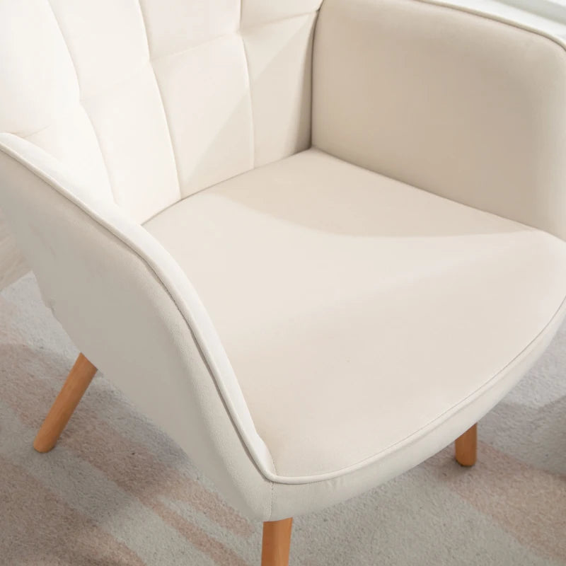 Modern Velvet Accent Chair Set of 2 - Tufted Wingback Armchairs, Cream White Upholstered Lounge Chairs with Wood Legs