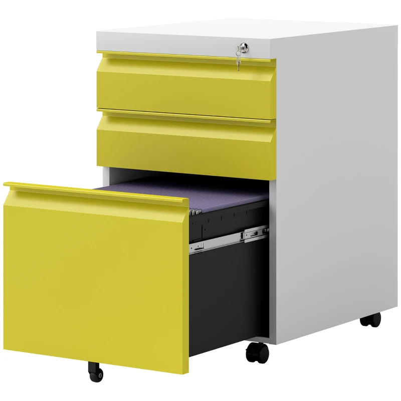 Vinsetto Mobile Metal File Cabinet - 3 Drawer Anti-Tilt Design for Letter, A4, Legal Size - Stylish Yellow