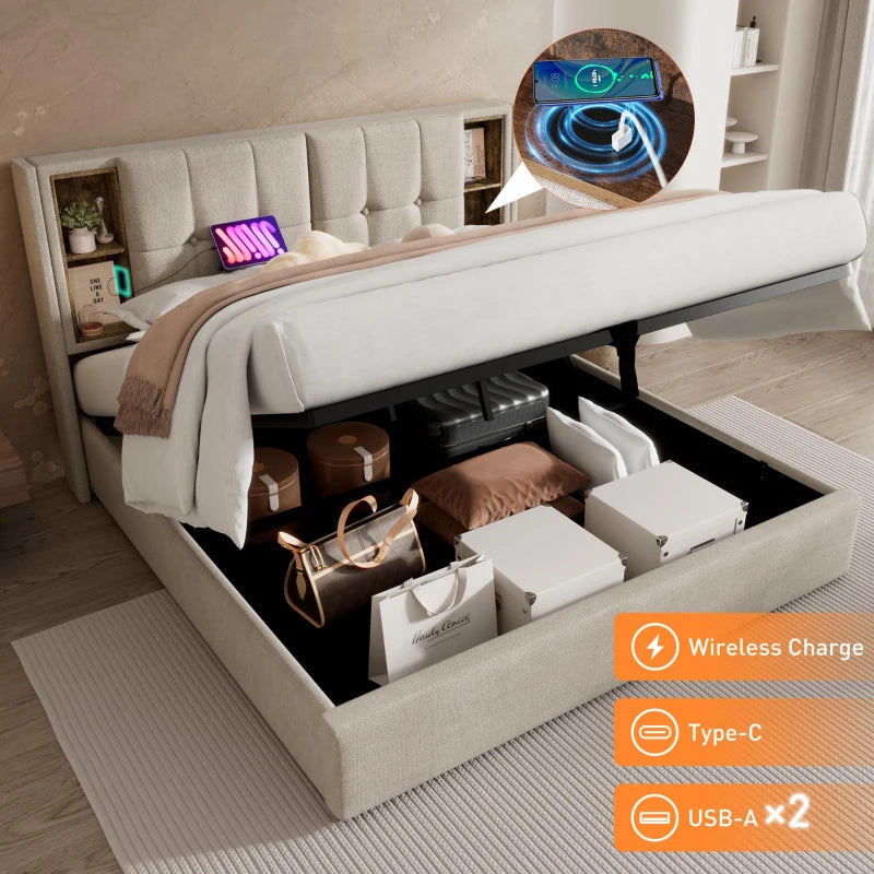 Upholstered Double Bed with Wireless Charging and Hydraulic Storage in Natural Linen Fabric