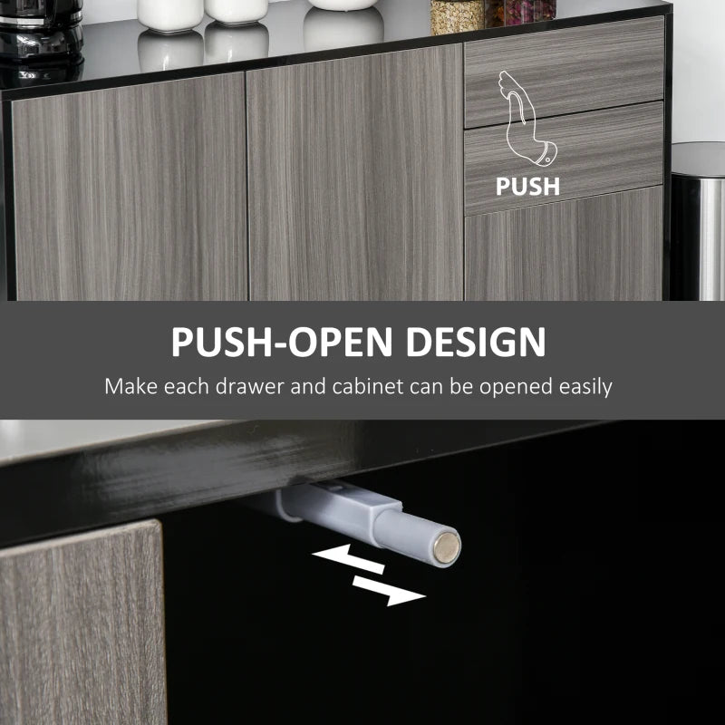 High Gloss Side Cabinet with Push-Open Design, 2 Drawers & 2 Cabinets, Light Grey & Black, 74H x 117W x 36Dcm