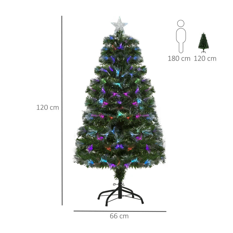 4FT Multicoloured Artificial Christmas Tree with Fibre Optic Lights, Pre-Lit Modes, Metal Stand & Star Holder - Festive Home Decoration