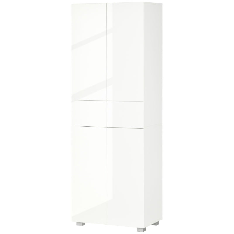 Tall Freestanding 4-Door Kitchen Cupboard with Adjustable Shelves and Drawers for Living Room and Dining Room High Gloss White
