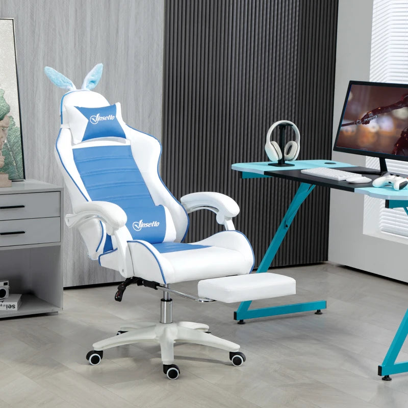 Vinsetto Racing Gaming Chair - Reclining PU Leather with Removable Rabbit Ears, Footrest & Lumbar Support - Blue