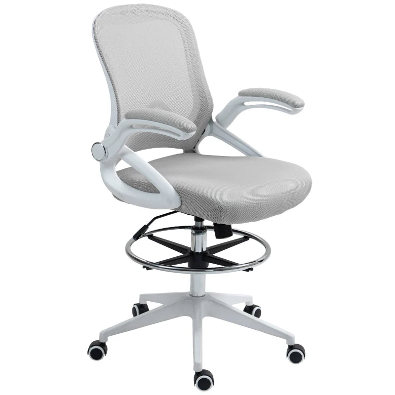 Vinsetto Height Adjustable Drafting Chair with Flip-up Armrest, Mesh Office Stool, 360° Swivel for Standing Desk - Light Grey