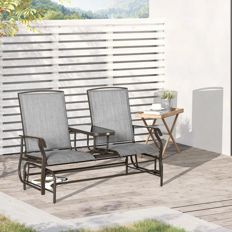 Metal Garden Glider Loveseat with Glass Table, 2 Seats, Brown/Grey