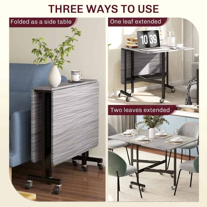 Unique Six-Seater Drop-Leaf Dining Table on Wheels - Stylish Grey Wood-Effect for Modern Homes