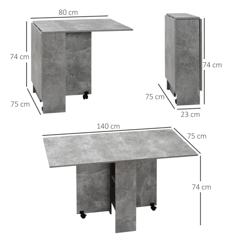 Folding Drop Leaf Dining Table with 2-Tier Shelves & Rolling Casters - Space-Saving Kitchen Table in Cement Grey