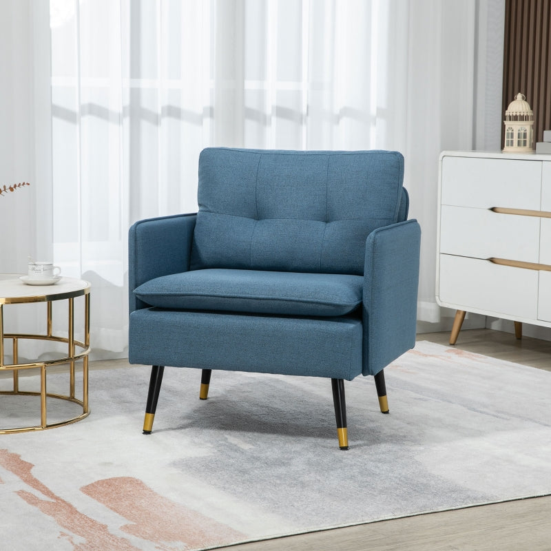 Modern Button Tufted Armchair with Cushions and Steel Legs - Dark Blue Accent Chair for Living Room or Guest Room