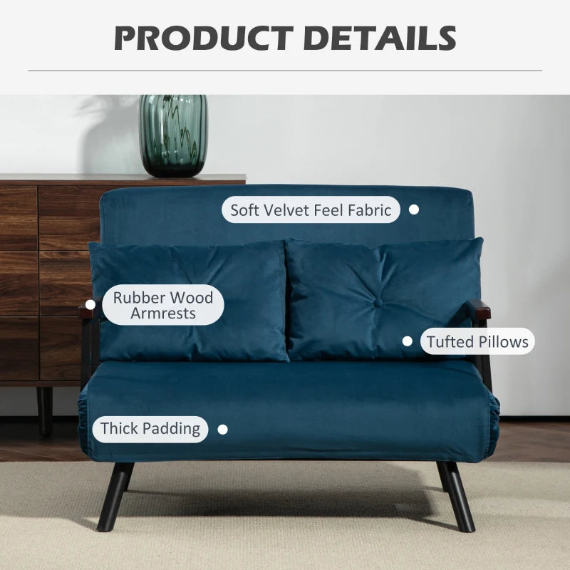 Velvet-Feel Double Sofa Bed with Pillows in Blue - Versatile 4-in-1 Design for Comfort and Style