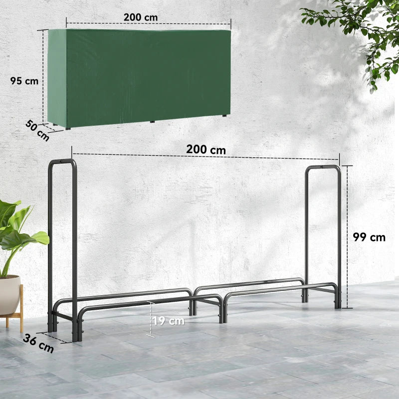 Heavy Duty Firewood Rack with Waterproof Cover - Indoor/Outdoor Log Storage Holder, 200x36x99 cm, Dark Green