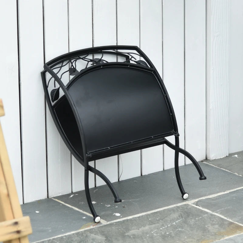Metal Arced Firewood Log Holder Rack - Indoor Outdoor Folding Wood Storage Shelf with Leaf Pattern, Black, 43.5W x 36.5D x 41H cm