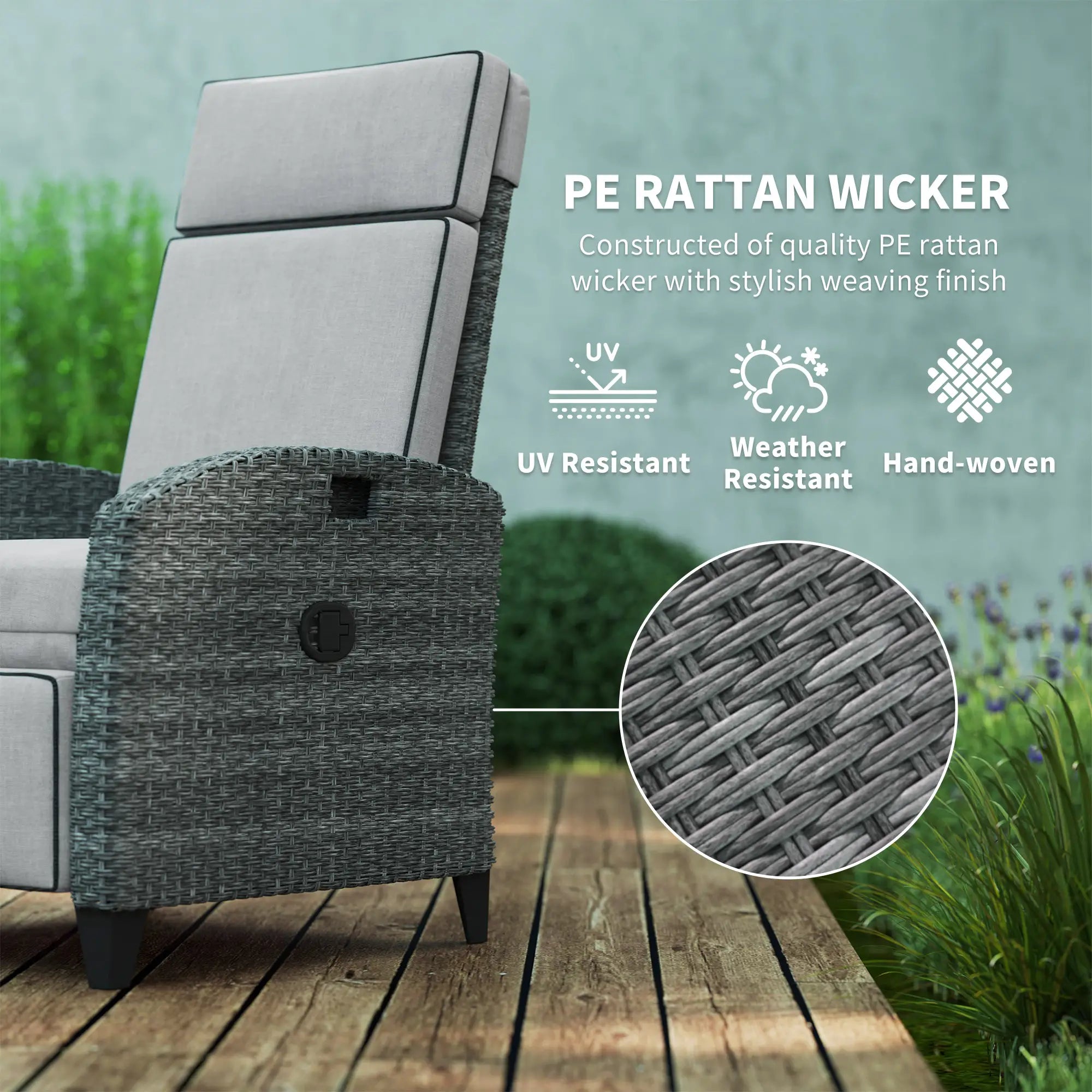 Grey Rattan Recliner Chair with Adjustable Backrest and Footrest, Cushions, Side Tray