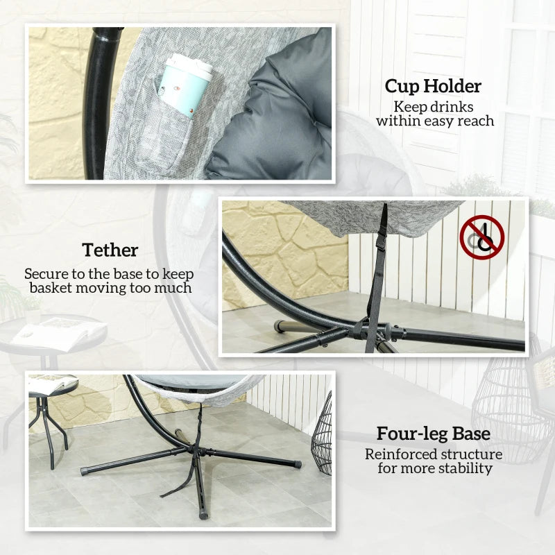 Hanging Egg Chair - Grey Outdoor Indoor Garden Swing Chair with Folding Basket, Stand, Thickened Cushion & Cup Holder - Perfect for Patio & Balcony