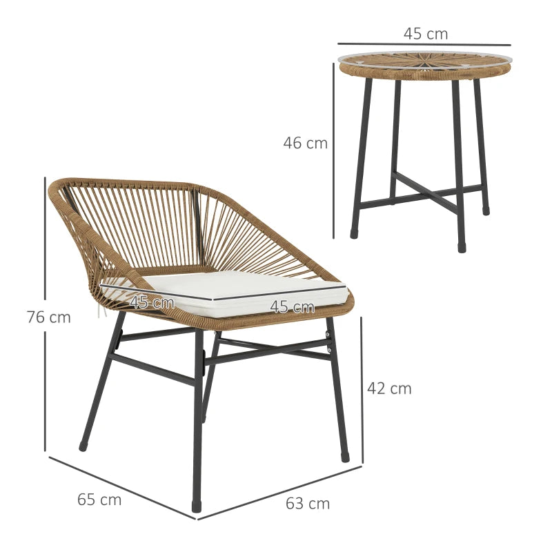 3 Pieces Rattan Bistro Set - Small Garden Table and Chairs with Cushions, Glass Top Coffee Table - Natural Wicker Outdoor Furniture for Patio and Balcony