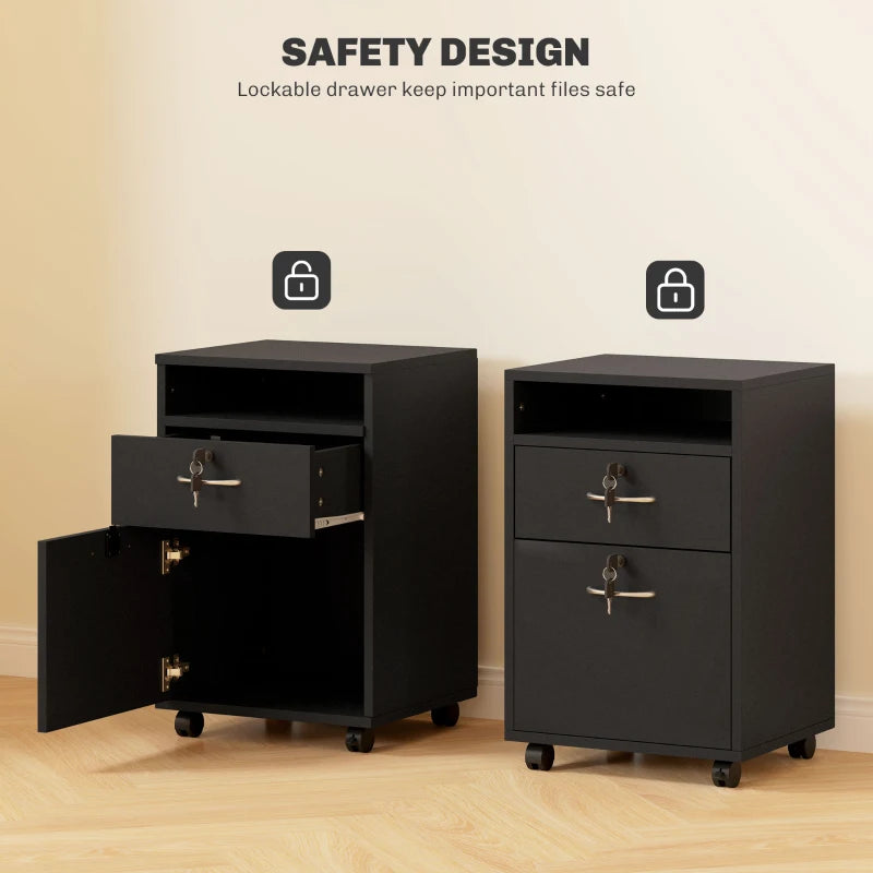 60cm Mobile Filing Cabinet with Drawer & Open Shelf, 4 Wheels, Metal Handles, 2 Locks - Black Office Organizer