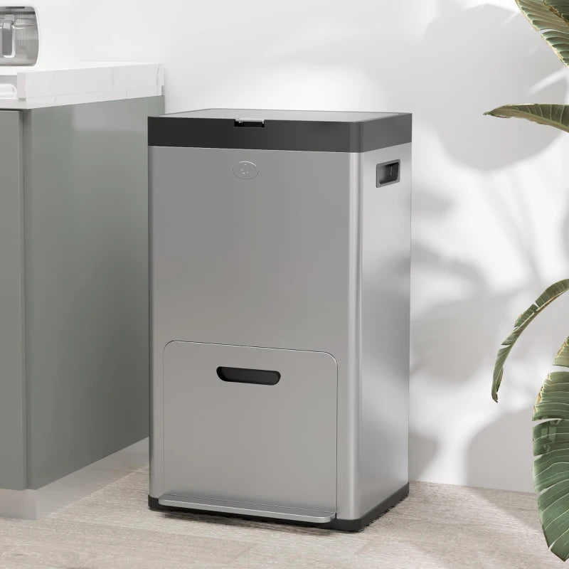 56L Triple Compartment Stainless Steel Kitchen Bin with Deodoriser Holders & Wheels - Stylish Silver Tone Waste Solution
