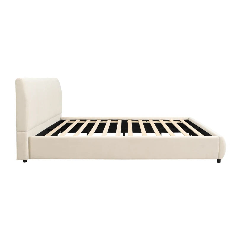 4ft6 Upholstered Double Bed - Velvet Frame with Soft Headboard & Sturdy Slats for Adults & Teens, White, 213x152x89 cm