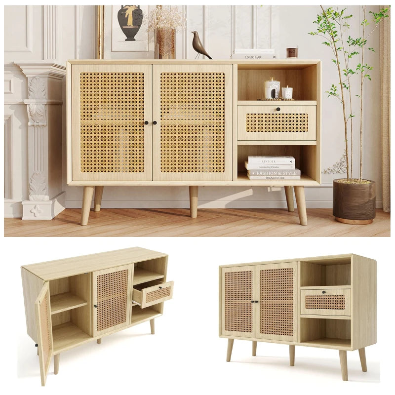 Modern Light Oak Sideboard with Woven Doors, Drawers & Unique Legs - 120L x 40W x 80H cm, Stylish Storage Solution