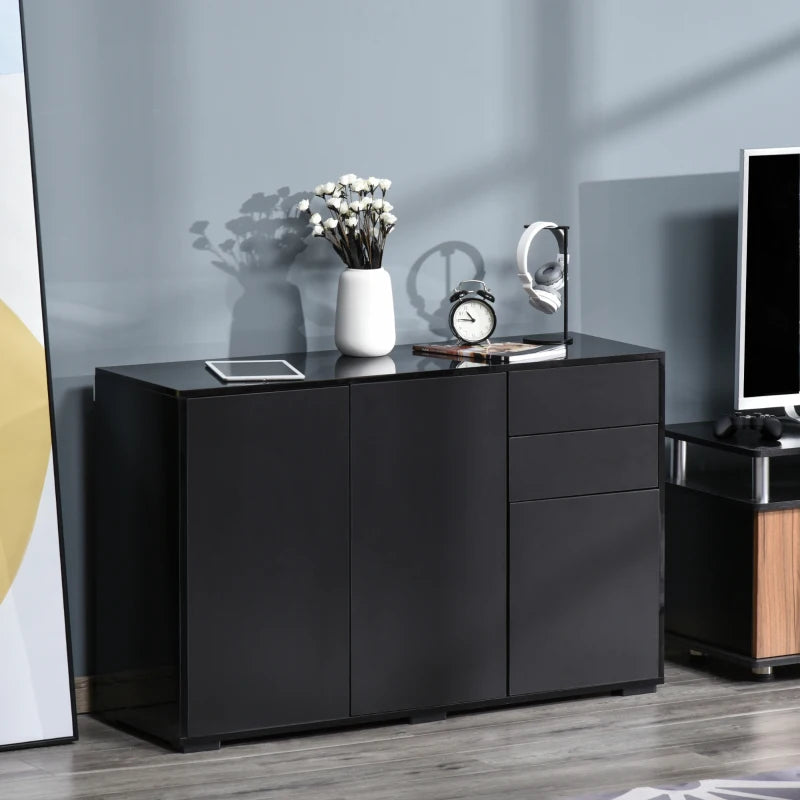 High Gloss Black Side Cabinet with Push-Open Design, 2 Drawers & 2 Cabinets for Living Room - 74H x 117W x 36Dcm