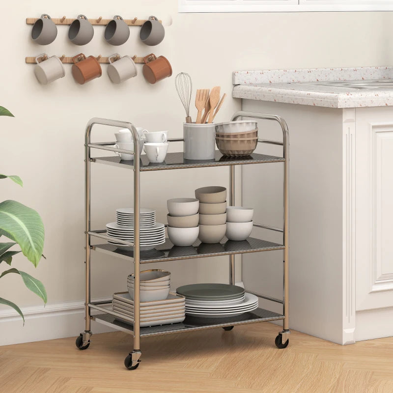 3 Tier Stainless Steel Kitchen Storage Trolley with Adjustable Shelf - Versatile Silver Cart for Organizing Kitchen Essentials