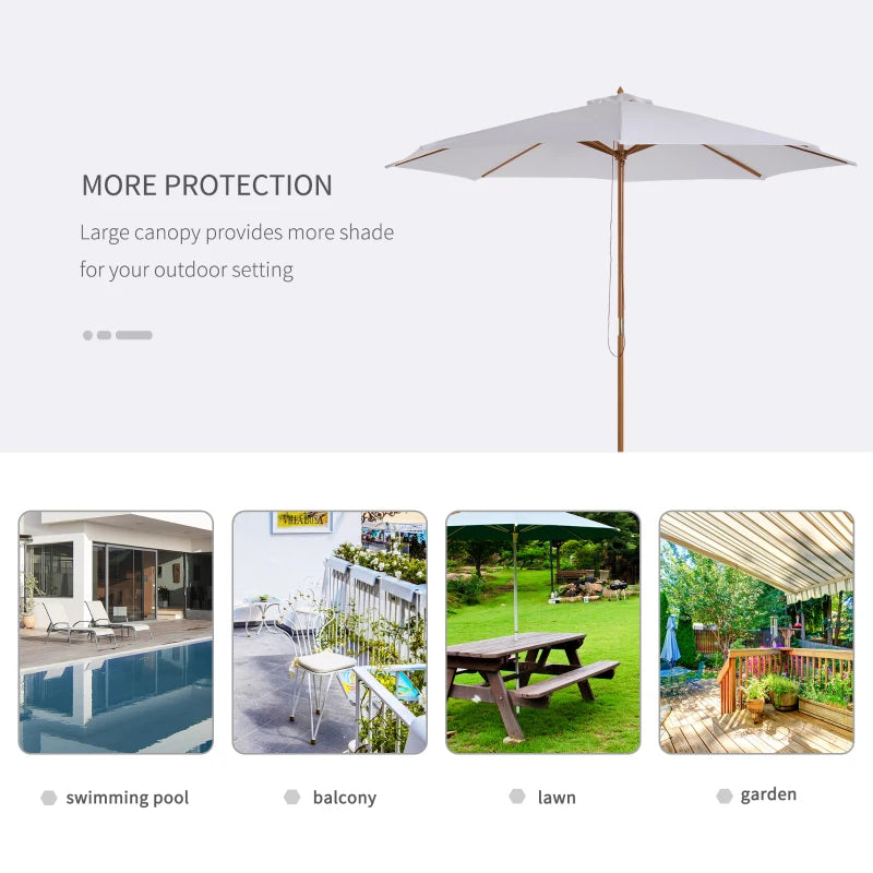 Cream White 3m Wooden Patio Umbrella with Pulley Mechanism