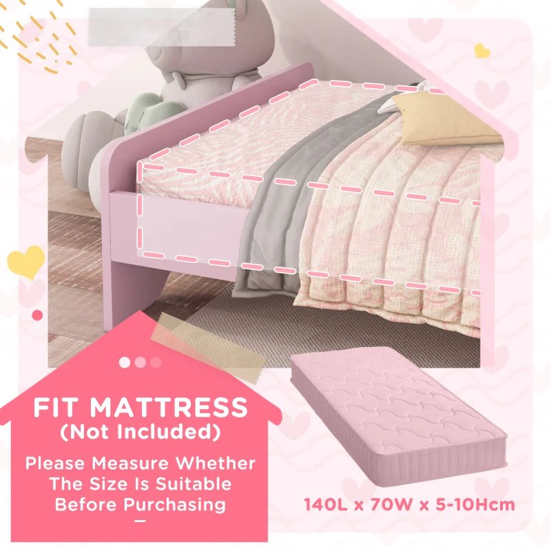 ZONEKIZ Kids Cat Design Toddler Bed Frame with Guardrails - Pink Bedroom Furniture for Ages 3-6, 143x74x72cm