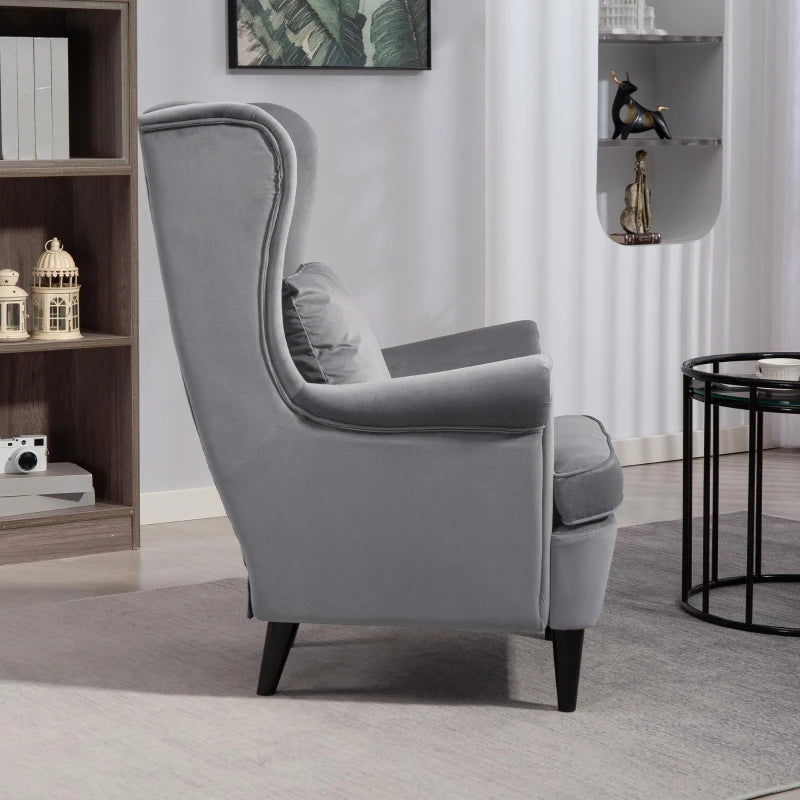 Stylish Upholstered Wingback Armchair with High Backrest and Pillow for Living Room or Bedroom in Dark Grey