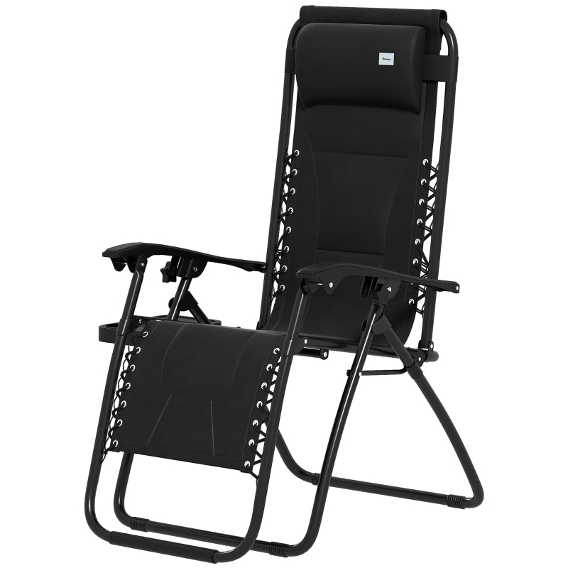 Zero Gravity Lounger Chair - Folding Reclining Patio Chair with Padded Seat, Cup Holder, Soft Cushion and Headrest - Black, Ideal for Poolside and Camping