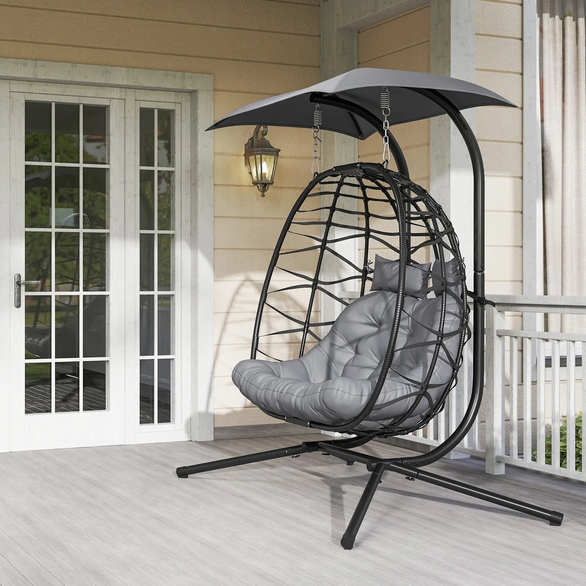 Rattan Double Hanging Egg Chair with Canopy - Foldable Swing/Egg Chair with Cushion, Head Pillows, Stand & Steel Frame