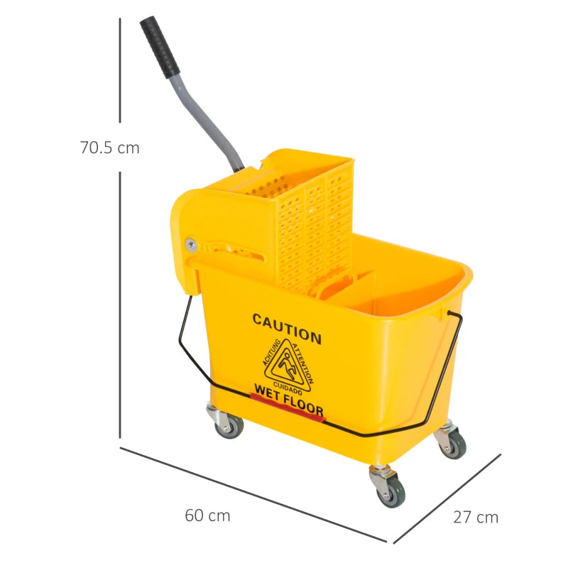 20L Yellow Mop Bucket on Wheels with Water Separation Panel - Ideal for Efficient Cleaning and Easy Mobility