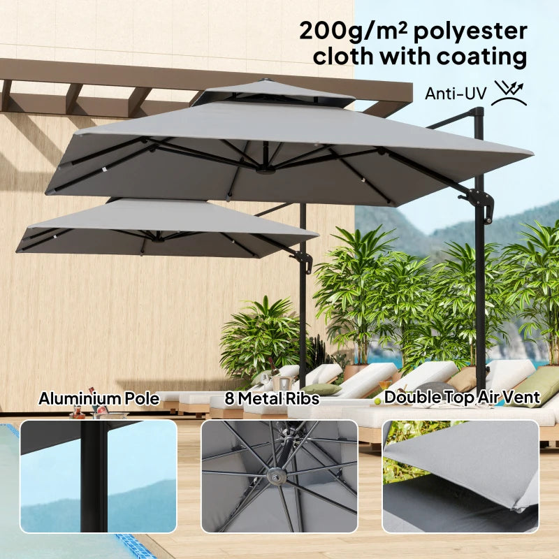 3 x 3m Light Grey Cantilever Parasol with Aluminium Frame, Crank and Tilt, 360° Rotation, Double Top Garden Umbrella with Base and Cover