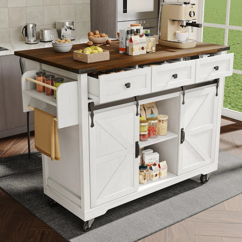 Elegant White Kitchen Island with Extendable Worktop, Smooth Wheels, Ample Storage & Foldable Cabinet - 140x45x94 cm