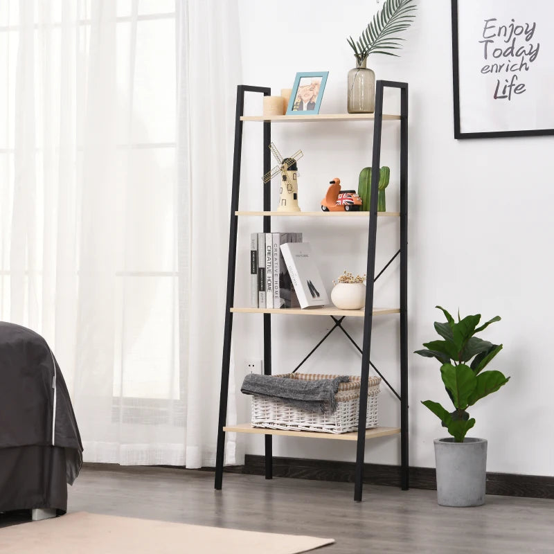 4-Tier Industrial Ladder Shelf - Stylish Oak & Black Bookshelf for Living Room, Bedroom, Kitchen Storage