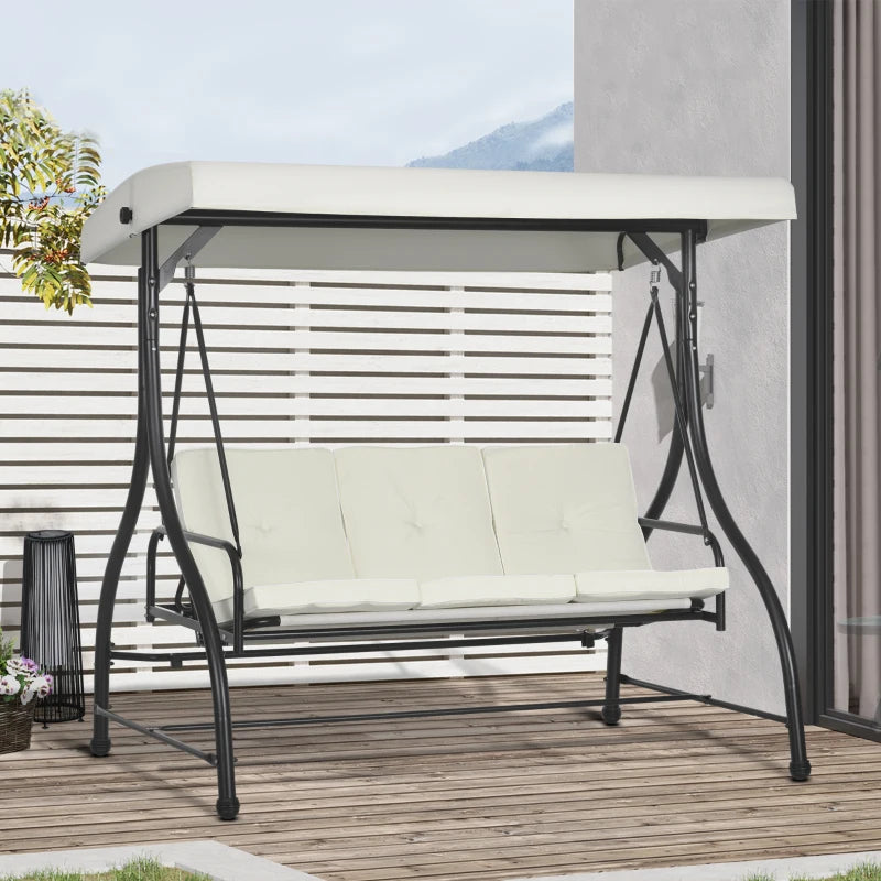 3 Seater Cream White Canopy Swing Chair - 2 in 1 Garden Swing Seat Bed with Adjustable Canopy and Metal Frame