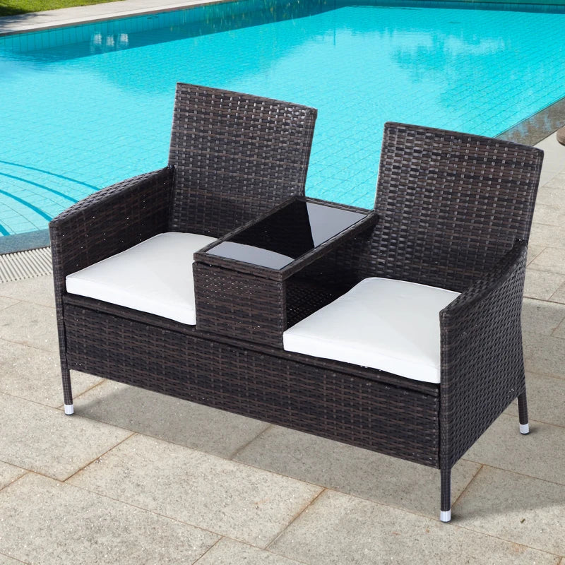 Brown Rattan 2-Seater Chair Set with Middle Tea Table