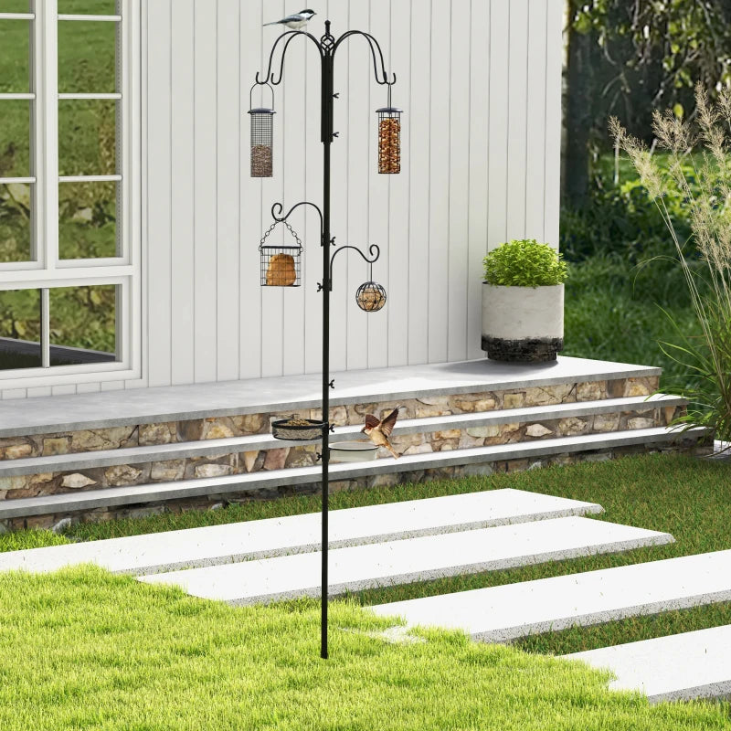 Premium Bird Feeding Station Kit - 6 Hook Wild Bird Feeder Pole with 4 Hanging Feeders for Garden & Outdoor Use - Black