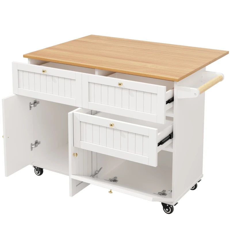 Rolling Mobile Kitchen Island Cart with Drawer & Storage, Drop Leaf, Multi-Functional Design, 133L x 70W x 88H cm, White