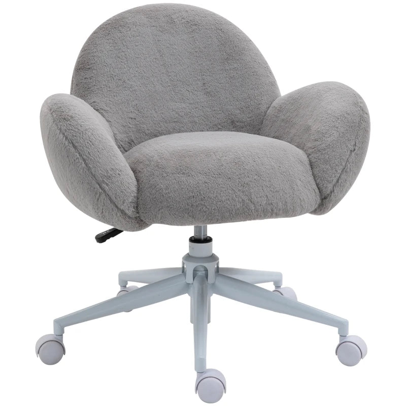 Cute Fluffy Makeup Vanity Chair with Rolling Wheels - Stylish Grey Desk Chair for Bedroom & Living Room