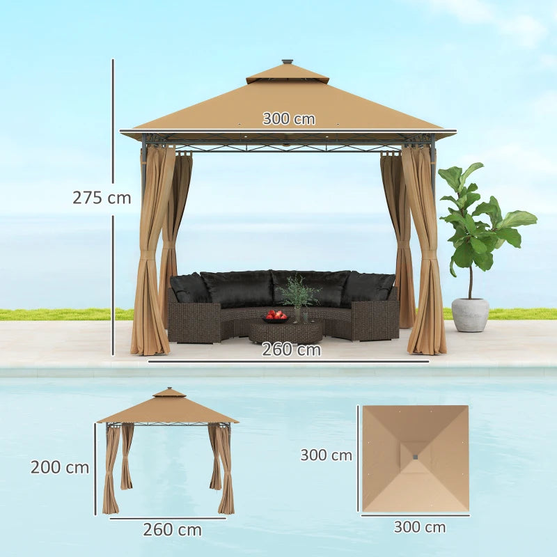 3 x 3 m Brown Garden Gazebo with Double Roof, Curtains & Solar-Powered LED Lights - Outdoor Canopy Shelter for Patio & Deck